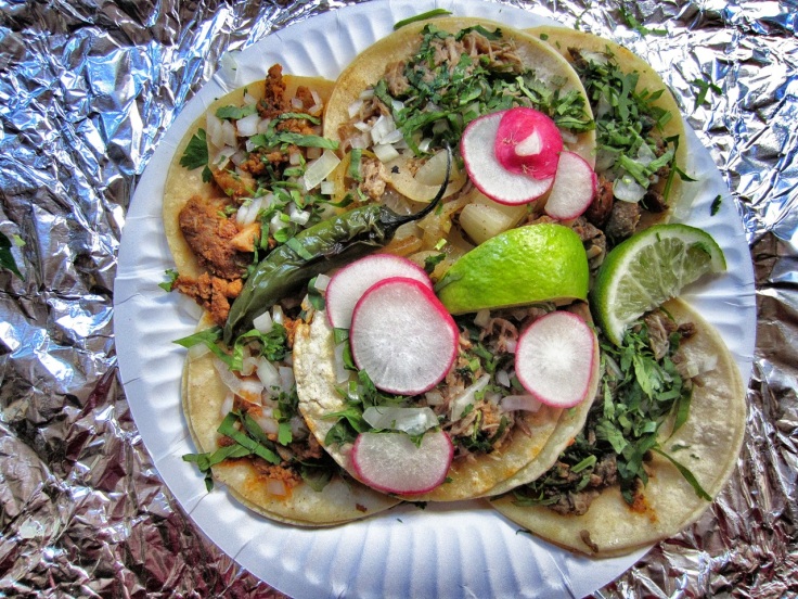 Tacos (left to right: adobada, carnitas, asada)