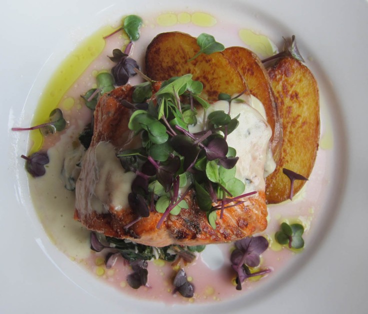 Copper river salmon, roasted shallot cream, roasted potatoes and sautéed spinach